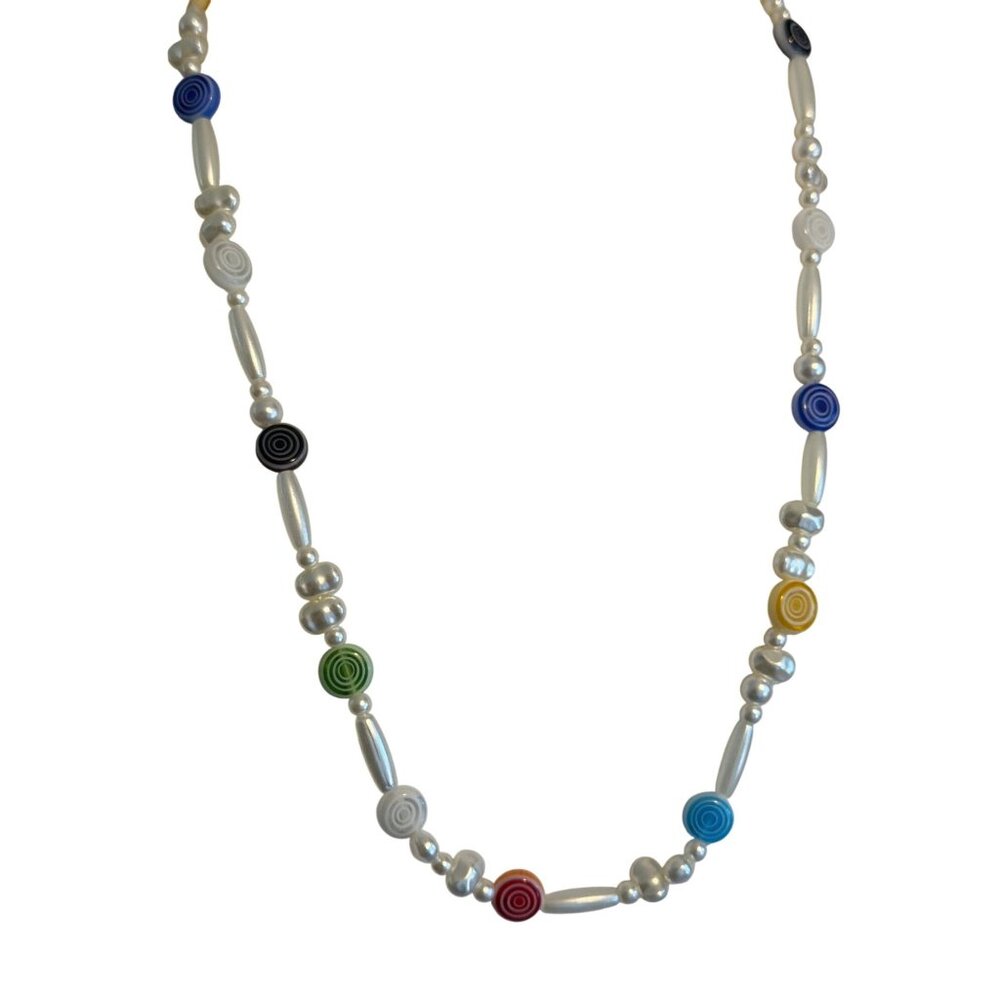 Sugarfix Multicolor Beaded Necklace Faux Pearls Acrylic Swirl Disc Gold Tone Adj